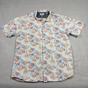 Vissla Mens XL Short Sleeve Button Down Shirt Blue Orange Floral Fan Print Surf